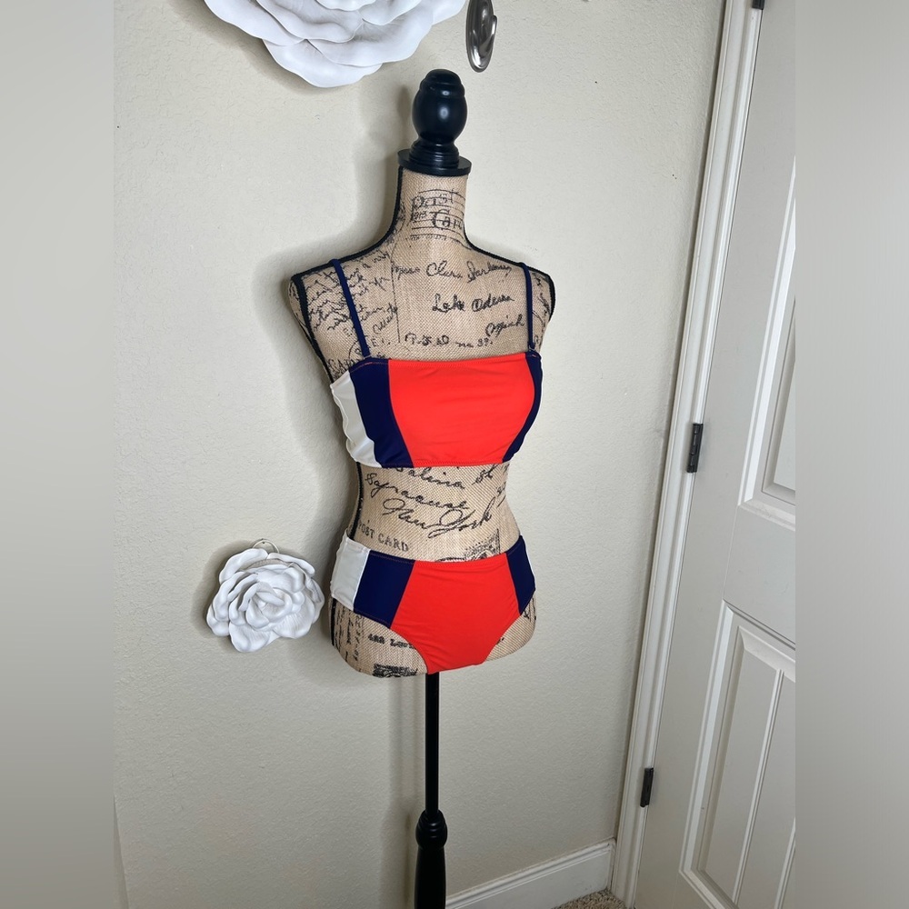 Cupshe Colorblock Bikini Set Orange Blue White Mid Rise Swim Size M - Picture 4 of 16